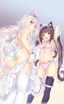  2girls :d animal_band_legwear animal_ears apron armpits arms_behind_head arms_up ass bangs bare_shoulders bell bell_collar black_bow black_legwear blue_bow blue_eyes blunt_bangs blush bow bow_bra bow_panties bowtie bra breasts brown_eyes brown_hair cameltoe cat_band_legwear cat_ears cat_tail chocola_(nekopara) closed_mouth collar collarbone commentary_request contrapposto cowboy_shot eyebrows_visible_through_hair eyelashes frilled_apron frills from_behind gradient gradient_background groin hair_bow hair_ornament hair_ribbon highres jingle_bell kneepits legs_apart long_hair looking_at_viewer looking_back low_twintails maid_apron maid_headdress midriff miniskirt mouth_hold multiple_girls navel nekopara open_mouth panties pink_bow pink_neckwear pleated_skirt ribbon sayori shoulder_blades sidelocks silver_hair skindentation skirt slit_pupils small_breasts smile standing stomach striped striped_bra striped_panties tail tail_bell tail_ornament thighhighs thighs twintails underwear undressing vanilla_(nekopara) very_long_hair waist_apron white_apron white_legwear white_ribbon white_skirt wrist_cuffs 