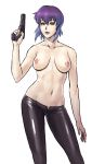  1girl azasuke breasts contrapposto ghost_in_the_shell gun handgun holding holding_gun holding_weapon kusanagi_motoko medium_breasts navel nipples pistol purple_hair red_eyes shiny shiny_clothes solo topless trigger_discipline weapon 