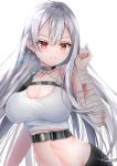  1girl ayakura_maki azur_lane bandaged_arm bandages bangs bare_shoulders black_choker black_pants breasts choker cleavage commentary_request crop_top groin hair_between_eyes hand_up highres large_breasts lens_flare long_hair looking_at_viewer midriff navel no_mole pants red_eyes silver_hair simple_background single_sidelock smile snap-fit_buckle solo sovetskaya_rossiya_(azur_lane) sovetskaya_rossiya_(the_lackadaisical_lookout)_(azur_lane) taut_clothes underbust upper_body very_long_hair white_background white_tank_top 