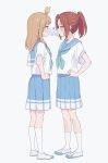  2girls absurdres bangs blonde_hair blue_neckwear blue_sailor_collar blue_skirt blush brown_hair bubble_blowing chewing_gum commentary_request eye_contact from_side full_body green_eyes hands_on_hips hasisisissy heart hibike!_euphonium highres kitauji_high_school_uniform kneehighs long_hair looking_at_another medium_skirt multiple_girls nakagawa_natsuki neckerchief pleated_skirt ponytail purple_eyes sailor_collar school_uniform serafuku shirt shoes short_hair short_ponytail short_sleeves sidelocks skirt standing thick_eyebrows uwabaki v_arms white_footwear white_legwear white_shirt yoshikawa_yuuko yuri 