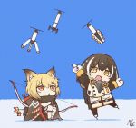  2girls animal_ears animated animated_gif arknights arrow backpack bag bandaged_leg bandages beak_mask black_cloak black_coat black_footwear black_gloves black_scarf blonde_hair bow_(weapon) brown_hair chibi cloak coat crossed_arms day drone eyebrows_visible_through_hair fox_ears full_body gas_mask gloves ice index_finger_raised looking_up magallan_(arknights) mask_around_neck multicolored_hair multiple_girls open_mouth orange_eyes outdoors pointing quiver red_pupils scarf short_hair signature sitting skates smile standing standing_on_one_leg thigh_strap two-tone_hair vermeil_(arknights) watanabe_yuuki weapon white_hair yellow_eyes 