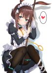  1girl ? alternate_costume amiya_(arknights) animal_ears arknights black_dress blue_eyes blush breasts brown_hair brown_legwear bunny_ears cleavage cleavage_cutout commentary_request dress enmaided frilled_dress frills heart highres jewelry knees_together_feet_apart long_hair looking_at_viewer maid maid_dress maid_headdress multiple_rings neck_ring panties panties_under_pantyhose pantyhose pantyshot pantyshot_(sitting) puffy_sleeves shadow simple_background sitting smile solo spoken_heart thumb_ring togo_(korlsj1235) underwear white_background 