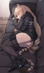  animal_ears arknights bee_(deadflow) black_jacket boots brown_hair closed_eyes couch hat highres jacket jacket_on_shoulders long_hair on_couch pouch rug sleeping swire_(arknights) tail tail_ring thighhighs tiger_ears tiger_girl tiger_tail 