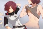  1girl arknights arm_up blush breasts brown_eyes closed_mouth collarbone commentary exusiai_(arknights) eyebrows_visible_through_hair hair_over_one_eye halo looking_at_viewer medium_breasts navel red_hair short_hair short_sleeves smile sollyz solo underboob 