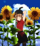  1girl annin_musou arms_up black_headwear blurry blurry_background blush brown_eyes brown_hair cloud fingerless_gloves flower gloves grin hair_between_eyes hair_ornament hairclip kantai_collection long_hair low_twintails no_scarf pantyhose papakha red_shirt shirt sky smile solo star sunflower tashkent_(kantai_collection) twintails 