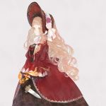  1girl bangs black_gloves blonde_hair blunt_bangs bonnet bow dagger dress fire flower gloves grey_background hat hat_flower holding holding_dagger holding_weapon juliet_sleeves little_red_riding_hood_(sinoalice) long_dress long_hair long_sleeves looking_to_the_side multicolored multicolored_eyes pink_flower puffy_sleeves red_bow red_dress red_headwear ribbon ringo_(pixiv27995436) rose simple_background sinoalice solo standing wavy_hair weapon white_flower white_ribbon white_rose wide_sleeves 