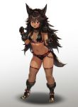  1girl :d animal_ear_fluff animal_ears bangs belt belt_collar black_footwear black_gloves black_hair boots breasts cerberus chain claws collar commentary dark_skin dog_ears dog_head dog_tail fang fishnets full_body fur-trimmed_boots fur-trimmed_gloves fur_trim gloves gradient gradient_background grey_background hair_between_eyes hands_up highres houtengeki long_hair looking_at_viewer micro_shorts navel open_mouth original personification red_eyes shorts simple_background skindentation small_breasts smile solo spiked_belt stomach tail very_long_hair 
