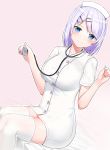  1girl absurdres bad_id bad_pixiv_id bangs bed_sheet blue_eyes blush breasts buttons closed_mouth dutch_angle gradient gradient_background hair_ornament hairclip hat highres holding large_breasts nurse nurse_cap original outline pink_background short_hair short_sleeves silver_hair sitting smile solo stethoscope suzuharu_toufu swept_bangs thighhighs white_legwear white_outline zettai_ryouiki 