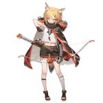  1girl animal_ears arknights armpits arrow bandaged_arm bandaged_leg bandages bare_shoulders black_gloves black_shorts blonde_hair bow_(weapon) cloak crop_top crop_top_overhang fingerless_gloves fox_ears fox_girl fox_tail full_body gloves hair_ornament hairclip holding hood hood_down jewelry kentllaall looking_at_viewer mechanical_arm midriff navel necklace official_art orange_eyes originium_(arknights) quiver sandals shirt short_hair short_shorts shorts sleeveless sleeveless_shirt solo standing tail thighs transparent_background vermeil_(arknights) weapon white_shirt 
