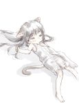  1girl animal_ear_fluff animal_ears bangs bare_arms bare_shoulders barefoot black_hair blanket blush cat_ears cat_girl cat_tail closed_eyes eyebrows_visible_through_hair highres long_hair lying nenena on_back original shadow shirt shorts sleeveless sleeveless_shirt solo tail thumb_sucking white_background white_shirt white_shorts 