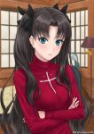  1girl bangs bedroom black_bow blue_eyes blurry blurry_background blush bow breasts brown_hair crossed_arms eyebrows_visible_through_hair fate/stay_night fate_(series) hair_bow hair_intakes highres huangyan9786 indoors long_hair long_sleeves medium_breasts parted_lips red_sweater shiny shiny_hair solo sweater toosaka_rin twintails twitter_username upper_body very_long_hair watermark 