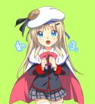  1girl blonde_hair blue_eyes bow cape cowboy_shot fang green_background little_busters! long_hair looking_at_viewer noumi_kudryavka open_mouth pink_bow plaid plaid_skirt satomi_yoshitaka school_uniform simple_background skirt smile solo thighhighs white_legwear 