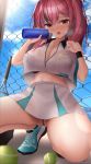  1girl azur_lane blue_eyes blush bottle breasts bremerton_(azur_lane) bremerton_(scorching-hot_training)_(azur_lane) chain-link_fence commentary_request eyebrows_visible_through_hair fence from_below hair_ornament hairclip highres large_breasts long_hair looking_at_viewer mhru midriff multicolored_hair navel pink_hair red_eyes see-through sitting skirt sportswear streaked_hair sweat tennis_uniform twintails water_bottle wet wet_clothes 