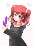 1girl :o ? aqua_eyes black_hoodie frapowa gradient gradient_background holding_dildo kurosawa_ruby long_sleeves love_live! love_live!_sunshine!! medium_hair open_mouth pink_background red_hair sex_toy simple_background solo spoken_question_mark two_side_up upper_body vibrator 
