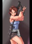  1girl absurdres armpits bare_shoulders belt belt_pouch black_gloves black_skirt blue_eyes breasts brown_hair cleavage clothes_around_waist cowboy_shot finger_on_trigger fingerless_gloves fringe_trim from_side gloves gun handgun heart highres holding holding_gun holding_weapon holster jill_valentine kelvin_hiu looking_at_viewer medium_breasts miniskirt one_eye_closed pistol pouch resident_evil resident_evil_3 short_hair shoulder_holster skirt solo strapless sweater_around_waist watch weapon windowboxed wristwatch 