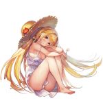  1girl ag-2c_sirene bangs bikini blonde_hair blush breasts casual dandelion dress flower hat highres last_origin long_hair looking_at_viewer medium_breasts paintale red_eyes solo straw_hat sun_hat sundress swimsuit tachi-e transparent_background very_long_hair white_dress white_swimsuit 