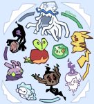  applin blue_background commentary creature english_commentary galarian_form galarian_yamask gen_1_pokemon gen_5_pokemon gen_6_pokemon gen_7_pokemon gen_8_pokemon goomy gooompy litwick nihilego no_humans phantump pikachu pokemon pokemon_(creature) signature simple_background snom solosis ultra_beast 