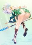  1girl antenna_hair ass bangs blush braid brown_footwear closed_mouth commentary_request detached_sleeves dress eyebrows_visible_through_hair flower full_body green_dress hair_between_eyes hair_flower hair_ornament holding holding_spear holding_weapon kokkoro_(princess_connect!) long_sleeves looking_at_viewer looking_back panties pointy_ears polearm princess_connect! princess_connect!_re:dive puffy_long_sleeves puffy_sleeves purple_eyes see-through see-through_sleeves shoe_soles silver_hair socks solo spear standing standing_on_one_leg stirrup_legwear subachi toeless_legwear underwear weapon white_flower white_legwear white_panties 