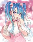  1girl bangs bare_shoulders blue_hair blurry blurry_background blush candy choker collarbone commentary depth_of_field earrings eating fingernails flower food hair_flower hair_ornament hatsune_miku high-waist_skirt highres holding holding_food jewelry lollipop long_fingernails long_hair looking_at_viewer multicolored_hair nail_polish off-shoulder_shirt off_shoulder petals pink_flower pink_hair pink_nails pink_skirt purple_choker purple_eyes shirt skirt solo suspender_skirt suspenders twintails two-tone_hair upper_body vocaloid white_shirt yuu_(higashi_no_penguin) 