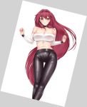  1girl :o breasts cleavage crimecrime earrings fate/grand_order fate_(series) hair_intakes highres jewelry large_breasts leather leather_pants long_hair looking_at_viewer navel pants purple_hair red_eyes scathach_(fate)_(all) scathach_(fate/grand_order) shiny shiny_clothes solo strapless tubetop white_tubetop 