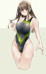  1girl absurdres bangs bare_shoulders breasts brown_eyes brown_hair covered_nipples cropped_legs expressionless eyebrows_visible_through_hair girls_frontline groin hair_twirling headset highres kyoyakyo long_hair looking_at_viewer m4a1_(girls_frontline) one-piece_swimsuit solo swimsuit 