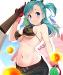  1girl absurdres aqua_hair asymmetrical_bangs bangs bikini_top blue_eyes blush breasts bulma camouflage_bikini_top commentary dragon_ball dragon_ball_(classic) dragon_ball_(object) dragon_radar gloves gun hair_bobbles hair_ornament highres kame_house kujou_ichiso large_breasts long_hair looking_at_viewer navel one_side_up red_gloves rifle smile solo weapon white_background 