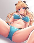  1girl bikini black_bikini black_bow blonde_hair blue_bikini blue_eyes bow hair_bow lambda_(kusowarota) layered_bikini long_hair navel pointy_ears princess_connect! princess_connect!_re:dive sasaki_saren side-tie_bikini star sweat swimsuit 