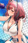  1girl alraco azur_lane bangs bare_shoulders blush bottle bra breasts bremerton_(azur_lane) bremerton_(scorching-hot_training)_(azur_lane) chain-link_fence cleavage commentary_request fence hair_between_eyes hair_ornament head_tilt headgear heart heart_necklace highres large_breasts long_hair midriff miniskirt mole mole_under_eye multicolored_hair navel outdoors parted_lips pleated_skirt pouring_onto_self red_eyes see-through skirt sportswear stomach streaked_hair tennis_uniform thighs two-tone_skirt underwear water water_bottle x_hair_ornament 