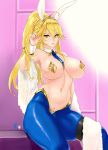  1girl ahoge animal_ears artoria_pendragon_(all) artoria_pendragon_(swimsuit_ruler)_(fate) bangs blonde_hair blue_legwear blue_neckwear braid breasts bunny_ears detached_collar fate/grand_order fate_(series) feather_boa french_braid green_eyes hair_between_eyes hand_in_hair large_breasts long_hair looking_at_viewer maebari navel necktie nipple_slip nipples parted_lips pasties ponytail revealing_clothes reverse_bunnysuit reverse_outfit sidelocks sitting solo thigh_strap thighs tiara wrist_cuffs zcune 