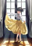  1girl blouse blush crossed_legs curtains curtsey indoors koisuru_asteroid long_sleeves one_eye_closed open_window ponytail puffy_sleeves see-through see-through_silhouette shoes short_hair skirt skirt_hold solo sunlight touyama_nao ugchoco white_blouse window yellow_footwear yellow_skirt 