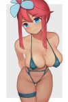  1girl absurdres bare_shoulders bikini blue_eyes breasts collarbone commentary covered_nipples dark_skin fuuro_(pokemon) gatchan highres large_breasts medium_hair navel pokemon pokemon_(game) pokemon_bw red_hair sidelocks skindentation solo swimsuit 