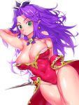  1girl angela_(seiken_densetsu_3) arm_behind_back arm_up armpits bangs blush breasts cleavage closed_mouth commentary_request covered_navel crown detached_collar earrings elf forehead gem green_eyes groin hand_in_hair highleg highleg_leotard highres jewelry large_breasts leotard long_hair looking_at_viewer onsoku_inu parted_bangs pink_leotard pointy_ears purple_hair seiken_densetsu seiken_densetsu_3 skindentation solo staff strapless strapless_leotard thighs very_long_hair waist_cape 