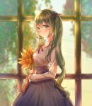  1girl backlighting bangs blurry blurry_background blush bouquet chinese_commentary closed_mouth collared_shirt commentary flower from_side green_eyes green_hair grey_skirt guzangnanfeng hair_between_eyes hair_ribbon hatsune_miku high-waist_skirt highres holding holding_bouquet long_hair long_skirt long_sleeves mixed-language_commentary neck_ribbon purple_ribbon red_ribbon ribbon shiny shiny_hair shirt skirt smile solo standing sunflower twintails very_long_hair vocaloid white_shirt wing_collar yellow_flower 