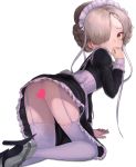  1girl absurdres all_fours ankle_boots apron arm_support ass azur_lane black_dress blonde_hair boots bottomless braid bustier censored dress french_braid frilled_dress frills garter_straps hair_over_one_eye hair_ribbon hand_to_own_mouth heart heart_censor high_heel_boots high_heels highres invisible_floor juliet_sleeves legs long_sleeves looking_back maid maid_apron maid_headdress metal_boots petite puffy_sleeves ribbon sheffield_(azur_lane) simple_background solo taena thighhighs thighs white_background white_legwear white_ribbon wrist_cuffs yellow_eyes 