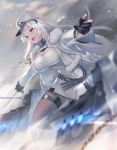  1girl azur_lane belt black_gloves black_legwear blush breasts cleavage fur_trim gangut_(azur_lane) gloves grey_sky hair_between_eyes hat highres jacket koikeya large_breasts long_hair looking_at_viewer military_hat open_mouth pantyhose partly_fingerless_gloves red_eyes silver_hair smile snowing turret very_long_hair 