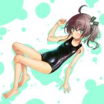  1girl :o ahoge arm_up bangs bare_arms bare_legs bare_shoulders barefoot blush brown_hair cat_hair_ornament collarbone green_background green_eyes hair_ornament hair_ribbon highres hololive looking_at_viewer lying natsuiro_matsuri one-piece_swimsuit parted_lips ribbon sakuya_tsuitachi school_swimsuit shiny shiny_swimsuit side_ponytail sidelocks solo swimsuit two-tone_background virtual_youtuber wet wet_clothes wet_swimsuit white_background 