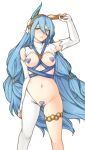  1girl absurdres animal_ears asymmetrical_legwear azura_(fire_emblem) blue_hair breasts bunny_ears elbow_gloves fake_animal_ears fingerless_gloves fire_emblem fire_emblem_fates gloves heart_pasties highres long_hair maebari navel parted_lips pasties revealing_clothes reverse_bunnysuit reverse_outfit simple_background solo tridisart veil white_background white_gloves yellow_eyes 