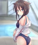  1girl ahoge ass bangs blurry blurry_background blush braid breasts brown_hair commentary_request competition_swimsuit eyebrows_visible_through_hair green_eyes hair_between_eyes hair_flaps hair_ornament highres hirune_(konekonelkk) jacket kantai_collection looking_at_viewer looking_to_the_side medium_breasts one-piece_swimsuit open_clothes open_jacket pool remodel_(kantai_collection) shigure_(kantai_collection) sidelocks single_braid smile solo swimsuit 