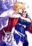  1girl ahoge aqua_eyes armor armored_dress artoria_pendragon_(all) artoria_pendragon_(lancer) bangs blonde_hair blue_dress blue_gloves blurry blurry_background braid breasts cape cleavage crown dress elbow_gloves fate/grand_order fate_(series) faulds french_braid full_armor fur-trimmed_cape fur_trim gauntlets gloves hair_between_eyes knight lance large_breasts long_hair ninoude_(ninoude44) parted_lips polearm red_cape rhongomyniad sidelocks simple_background underbust weapon white_background 