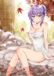  1girl amaguri_senko autumn autumn_leaves blue_eyes falling_leaves henjo_~hen_na_joshi_kousei_amaguri_senko~ leaf mole mole_under_eye onsen outdoors purple_hair rock short_ponytail solo steam towel ubizo water 