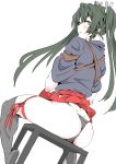  1girl absurdres ass blush chair commentary_request dark_green_hair eyebrows_visible_through_hair from_behind green_eyes hair_ribbon hakama hakama_skirt highres japanese_clothes kantai_collection kimuwaipu long_hair looking_at_viewer looking_back open_mouth panties red_hakama ribbon simple_background sitting skindentation skirt skirt_lift solo string_panties thighhighs thighs thong twintails underwear white_background white_ribbon zuikaku_(kantai_collection) 