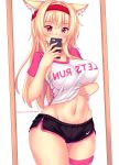  1girl animal_ear_fluff animal_ears bangs blonde_hair blush breasts cat_ears cellphone commentary english_commentary eyebrows_visible_through_hair fast-runner-2024 hair_between_eyes headband highres large_breasts long_hair mirror navel original patreon_username phone red_eyes reflection self_shot shirt_lift short_shorts shorts slit_pupils smartphone solo striped striped_legwear sweatband thighhighs tiffy_(fast-runner-2024) watermark web_address white_background 