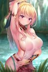  1girl armlet armpits bangs bare_hips blonde_hair blush bracer breasts bright_pupils closed_mouth cowboy_shot day dress elf eyebrows_visible_through_hair gradient_hair large_breasts long_hair looking_away looking_down mizya multicolored_hair original outdoors pink_hair pointy_ears pond ponytail purple_eyes sideboob sidelocks sleeveless sleeveless_dress solo sparkle tree water white_dress 