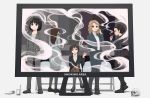  5girls black_eyes black_hair blonde_hair blue_eyes bob_cut brown_eyes brown_hair bubble_blowing chewing_gum chikuwa commentary_request english_text food formal hand_in_pocket long_hair multiple_girls office_lady original partial_commentary short_hair simple_background sitting skull smoke smoking suit very_short_hair yajirushi_(chanoma) 