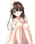  1girl ahoge alternate_hairstyle bare_shoulders blue_eyes blush brown_hair collarbone eyebrows_visible_through_hair hair_down hair_flaps kantai_collection remodel_(kantai_collection) shigure_(kantai_collection) simple_background sitting solo towel u0709 wet wet_hair white_background 