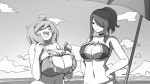 1girl beach black_hair breasts choker cleavage closed_eyes grey_hair greyscale hair_over_one_eye hands_on_hips highres huge_breasts insomnia-chan kaynimatic large_breasts medium_hair monochrome navel no_nose open_mouth original outdoors ponytail smile solo upper_body 