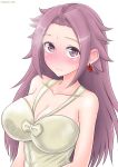  1girl alternate_costume blush breasts cleavage collarbone commentary_request cypress dress highres jun&#039;you_(kantai_collection) kantai_collection large_breasts long_hair looking_at_viewer magatama nose_blush purple_eyes purple_hair smile solo spiked_hair upper_body white_dress 