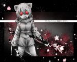  1girl animal_ears arai-san_mansion bandages blood bloody_clothes commentary crowbar flower gas_mask giant_otter_(kemono_friends)_(kuro_(kurojill)) hair_between_eyes hair_ornament hairclip highres holding holding_weapon jacket kemono_friends looking_at_viewer otter_ears otter_tail petals short_hair solo tail torn_clothes touyakakasi translated tube weapon 