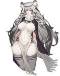  1girl animal_ears arknights arms_at_sides braid breasts bright_pupils covered_navel cowboy_shot dress expressionless eyebrows_visible_through_hair grey_eyes grey_hair grey_legwear highres impossible_clothes impossible_dress large_breasts long_hair looking_at_viewer pelvic_curtain pramanix_(arknights) shawl solo tail thighhighs turtleneck twin_braids very_long_hair wtcolor 