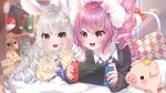  2girls :d absurdres animal_ears bed black_sweater book bookshelf bunny_ears cat_ears cat_tail curly_hair drill_hair elin_(tera) fang hair_ornament hairclip hand_on_own_cheek highres kaname_warabi long_hair lying multiple_girls nail_polish nintendo_switch on_stomach open_mouth pillow pink_eyes pink_hair playing_games pointing poke_ball shirt silver_eyes silver_hair smile stuffed_toy sweater tail tera_online twintails very_long_hair white_shirt yellow_sweater 